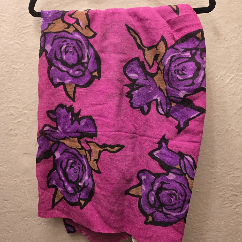 100% Wool Artist Floral Scarf | Magenta Pink & Purple Rose Print | French Design